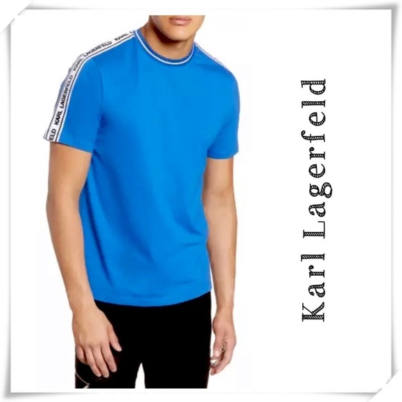 Karl Lagerfeld Spell Logo Tape Sleeve T-Shirt Blue - Picture 1 of 9
